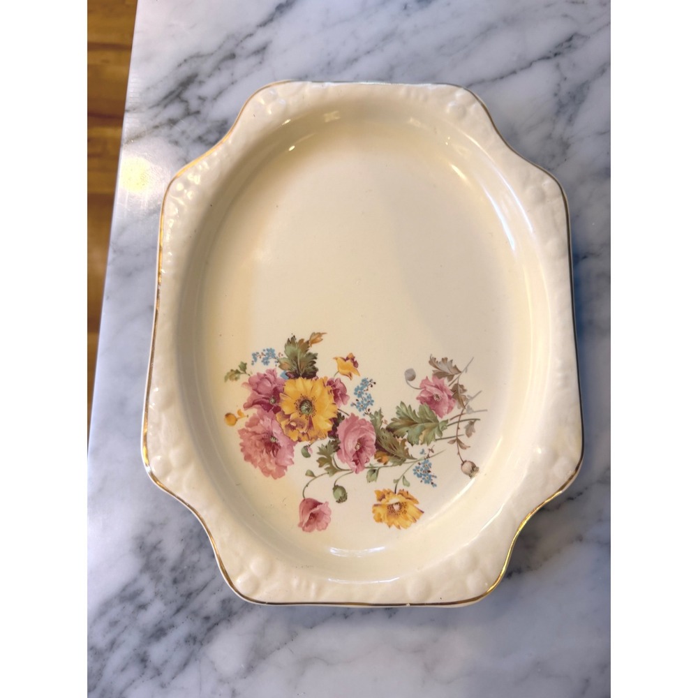 Vintage Crooksville Pantry Bak-In Ware Floral Oval Platter Cream Gold Trim 338